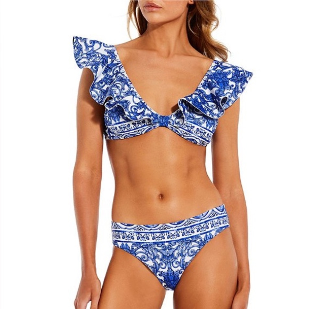 Blue and White Ruffle Bikini Set